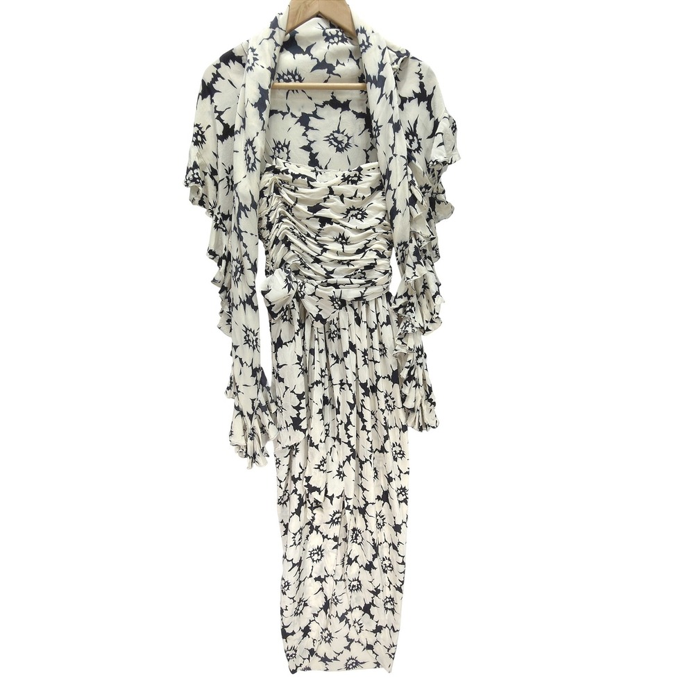 Oscar de la Renta Silk Strapless Floral Maxi Dress Scarf 6 Black White Vintage - Picture 14 of 15